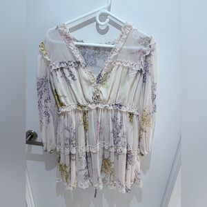 Floral Ruffle babydoll dress - Cream and Purple